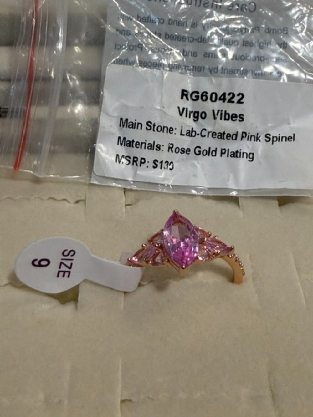 Bomb Party August Birthday Ring "Virgo Vibes" Rose Gold Pink Spinel Size 9 RG604